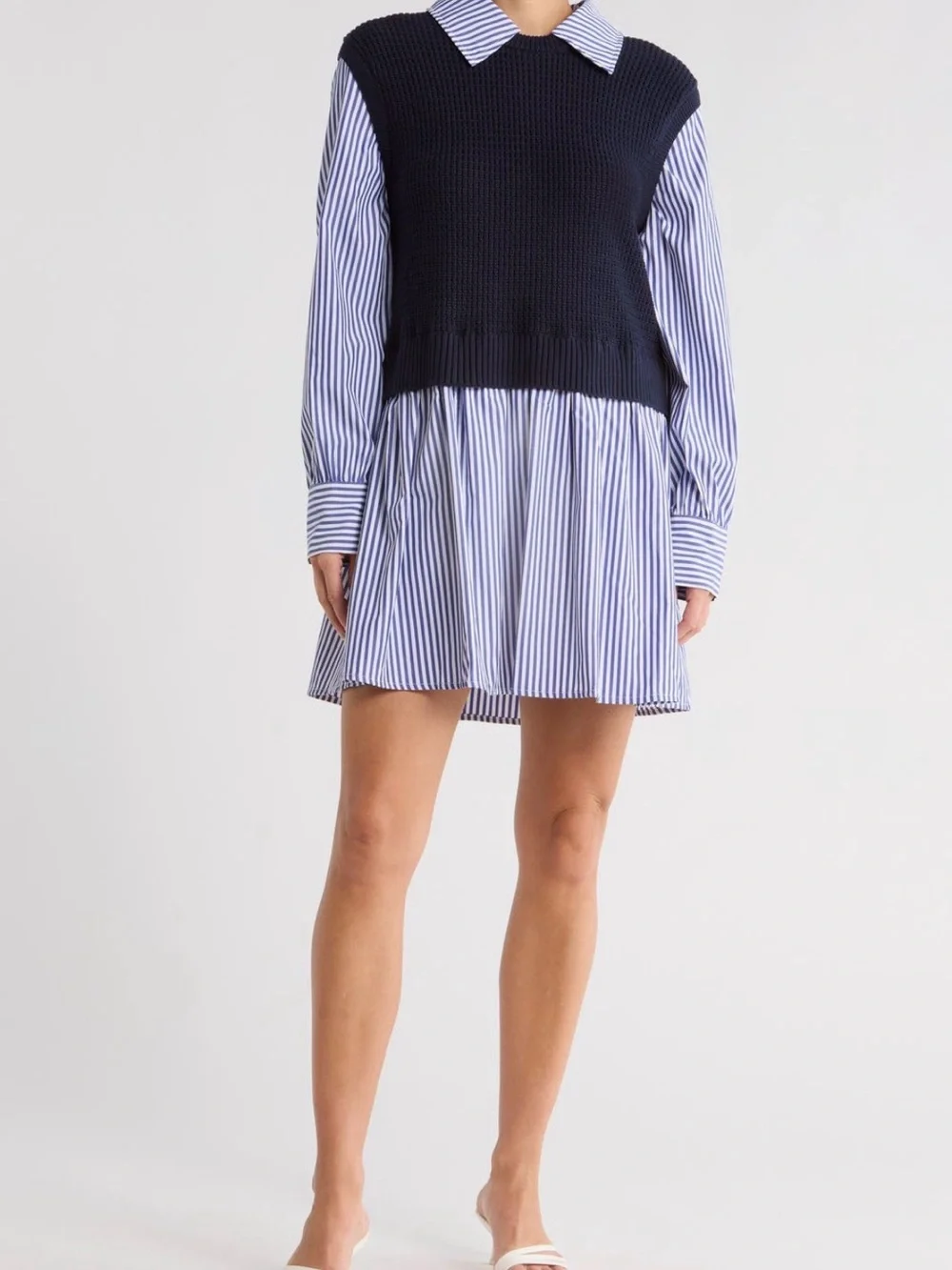 French Connection Navy Knit Vest Over Blue-White Striped Shirt Dress - Picture 1 of 1